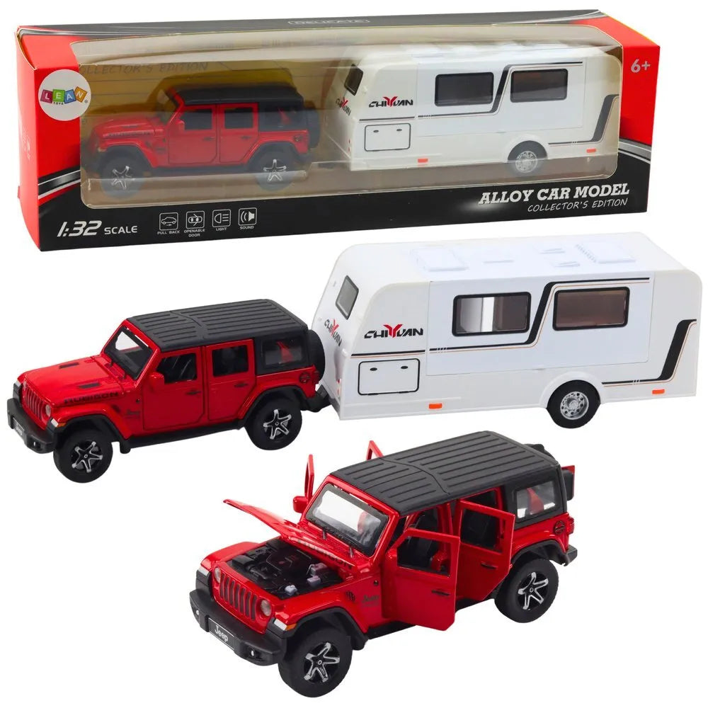 Metalinis raudonas off-road automobilis su kemperiu 1:32