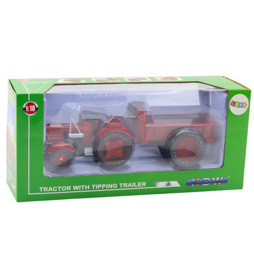 Metalinis traktorius su raudona priekaba 1:18