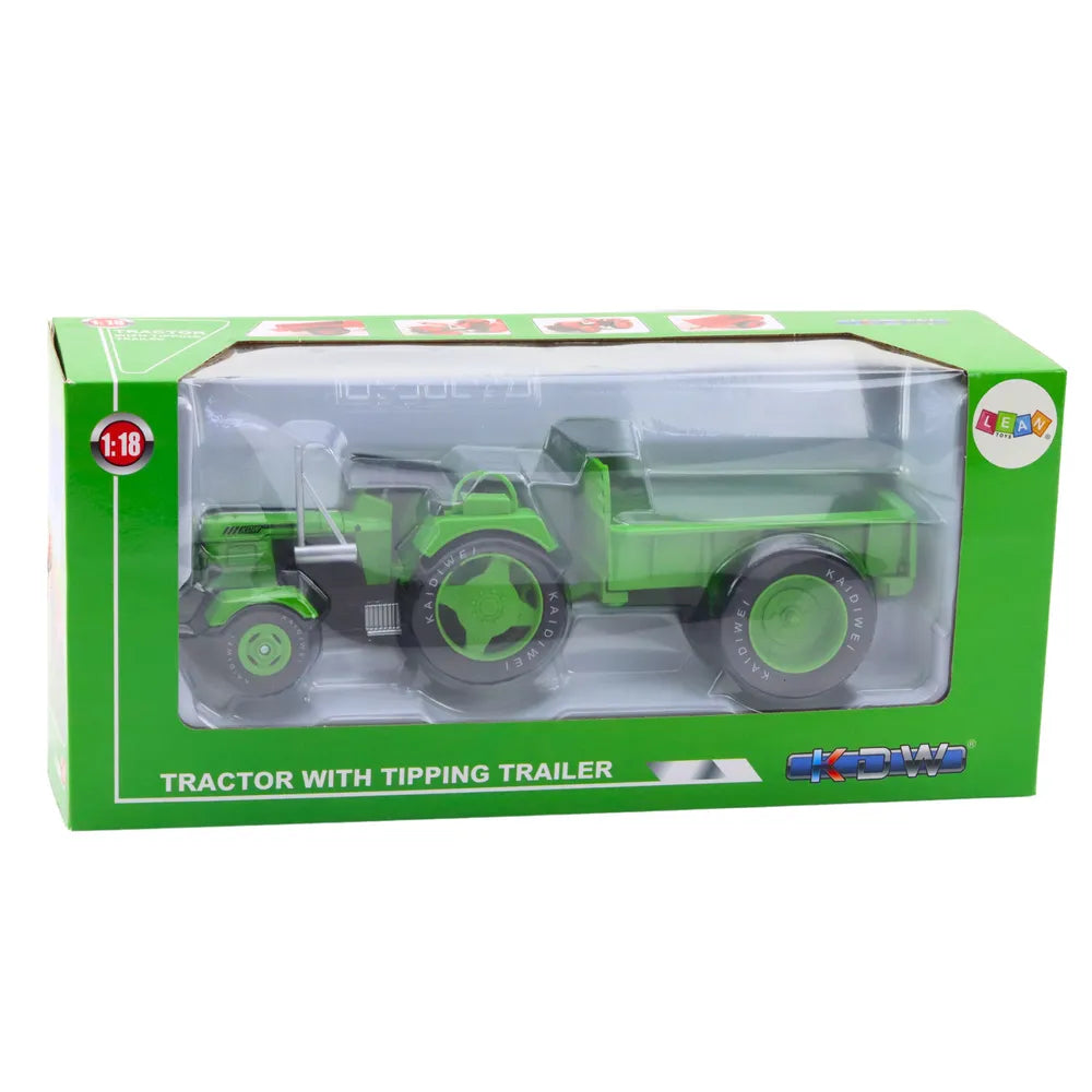 Metalinis žalias traktorius su priekaba 1:18