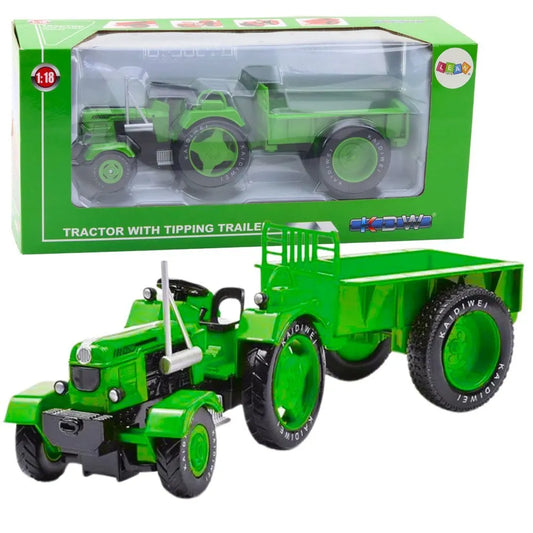 Metalinis žalias traktorius su priekaba 1:18
