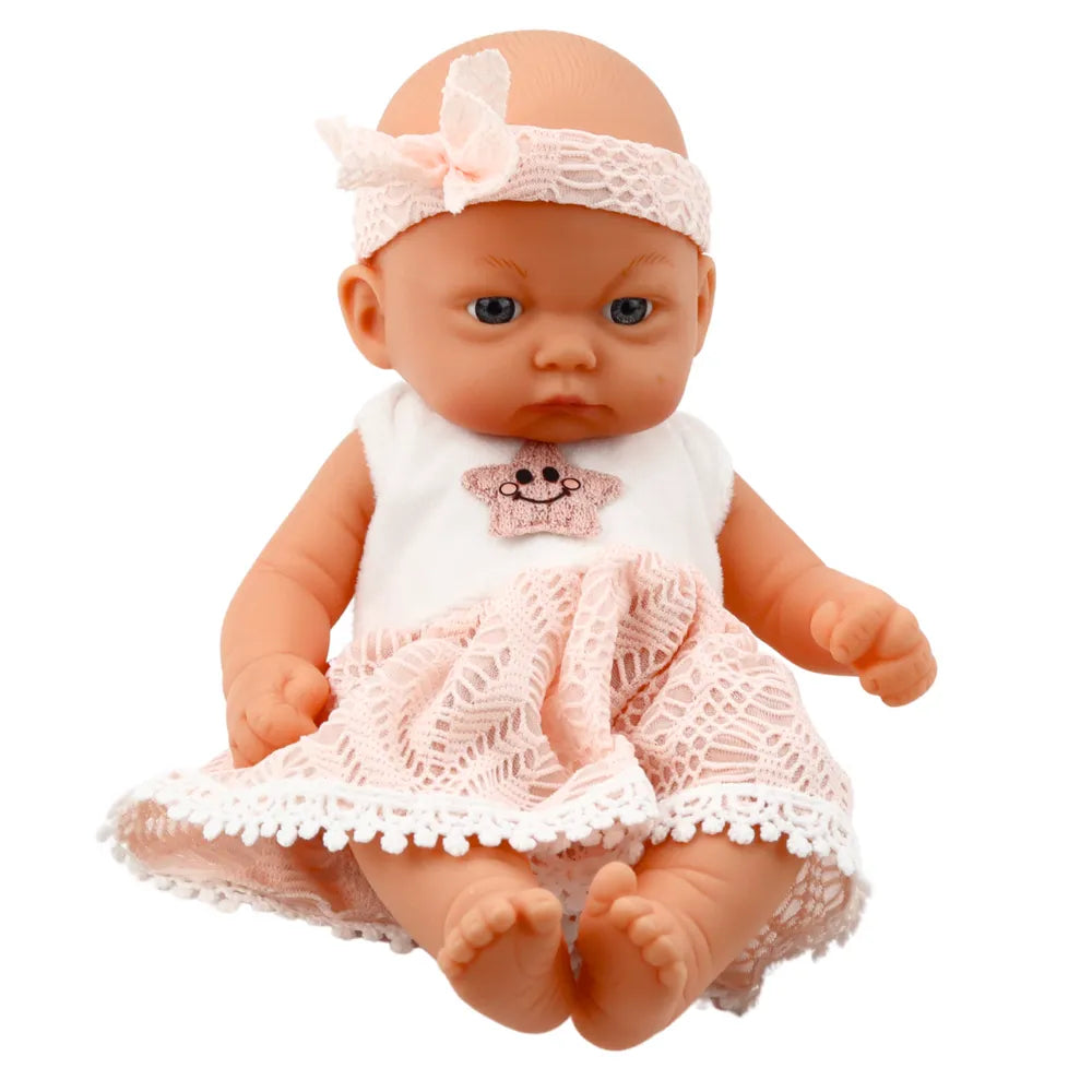 Mieganti kūdikio lėlė rožine suknele 24 cm