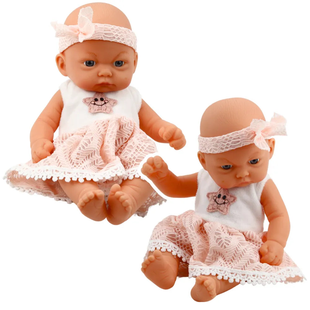 Mieganti kūdikio lėlė rožine suknele 24 cm
