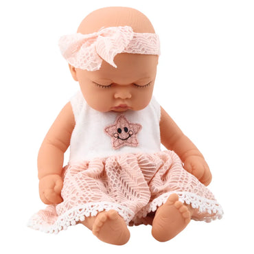 Mieganti kūdikio lėlė rožine suknele 24 cm