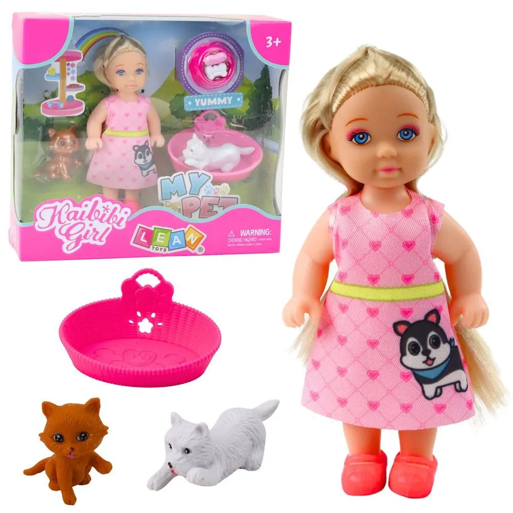 Mini lėlė su šuniuku ir kačiuku