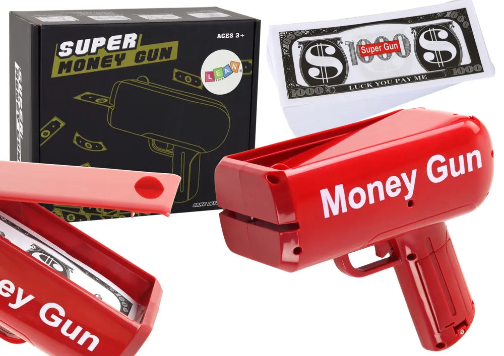 Raudona Money Gun pinigų šaudyklė – su banknotais