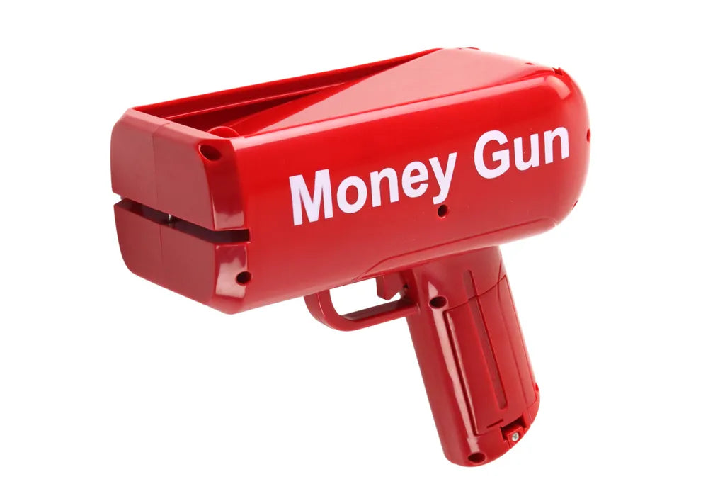 Raudona Money Gun pinigų šaudyklė – su banknotais
