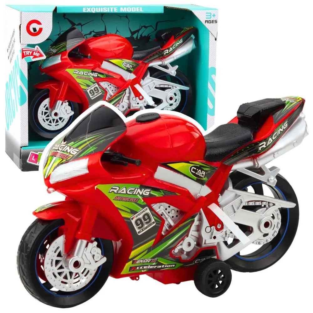 Raudonas lenktyninis žaislinis motociklas su šviesomis