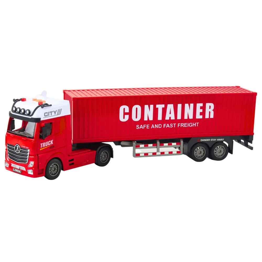Raudonas transporto sunkvežimis su priekaba ir konteineriu
