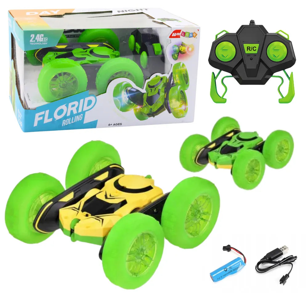 RC 360° Green Stunt Car – dvipusė akrobatinė mašinėlė su LED ratais