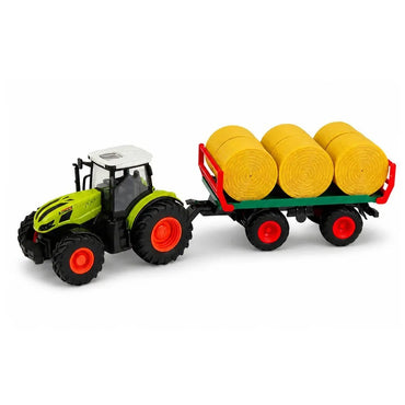 RC ūkinis traktorius su priekaba ir šieno rulonais 1:24