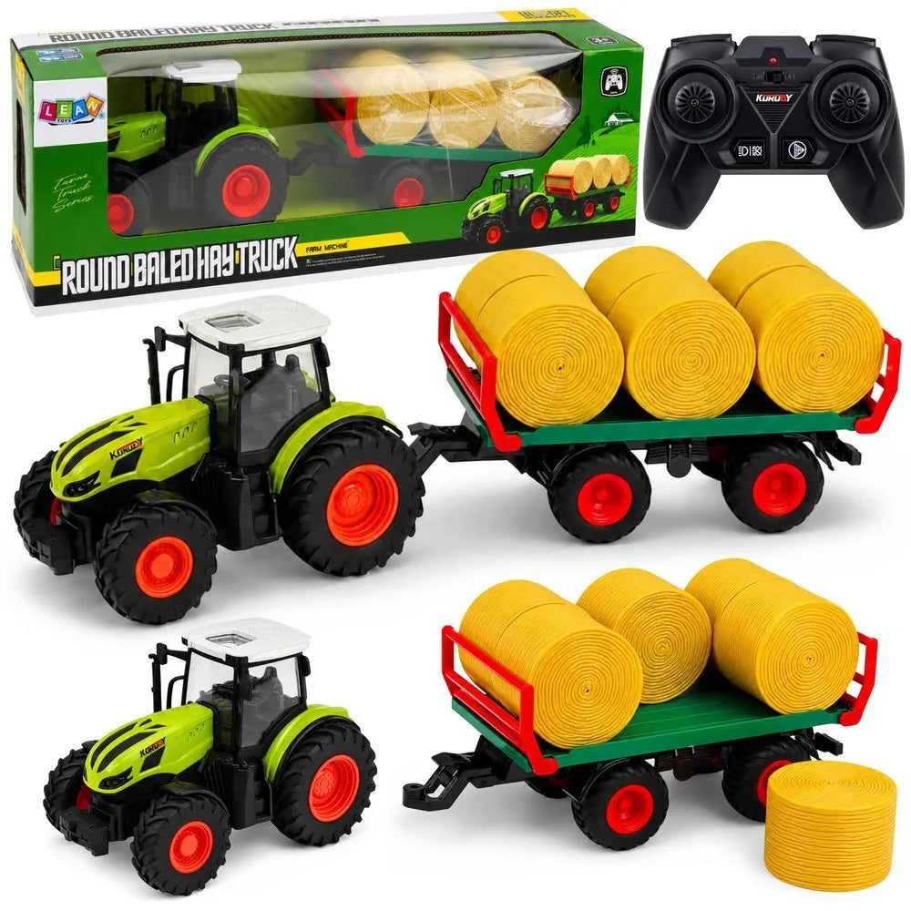 RC ūkinis traktorius su priekaba ir šieno rulonais 1:24