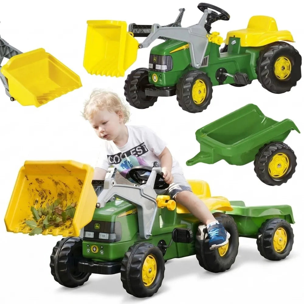„Rolly Toys“ RollyKid John Deere pedalinis traktorius su kaušu ir priekaba – žalias