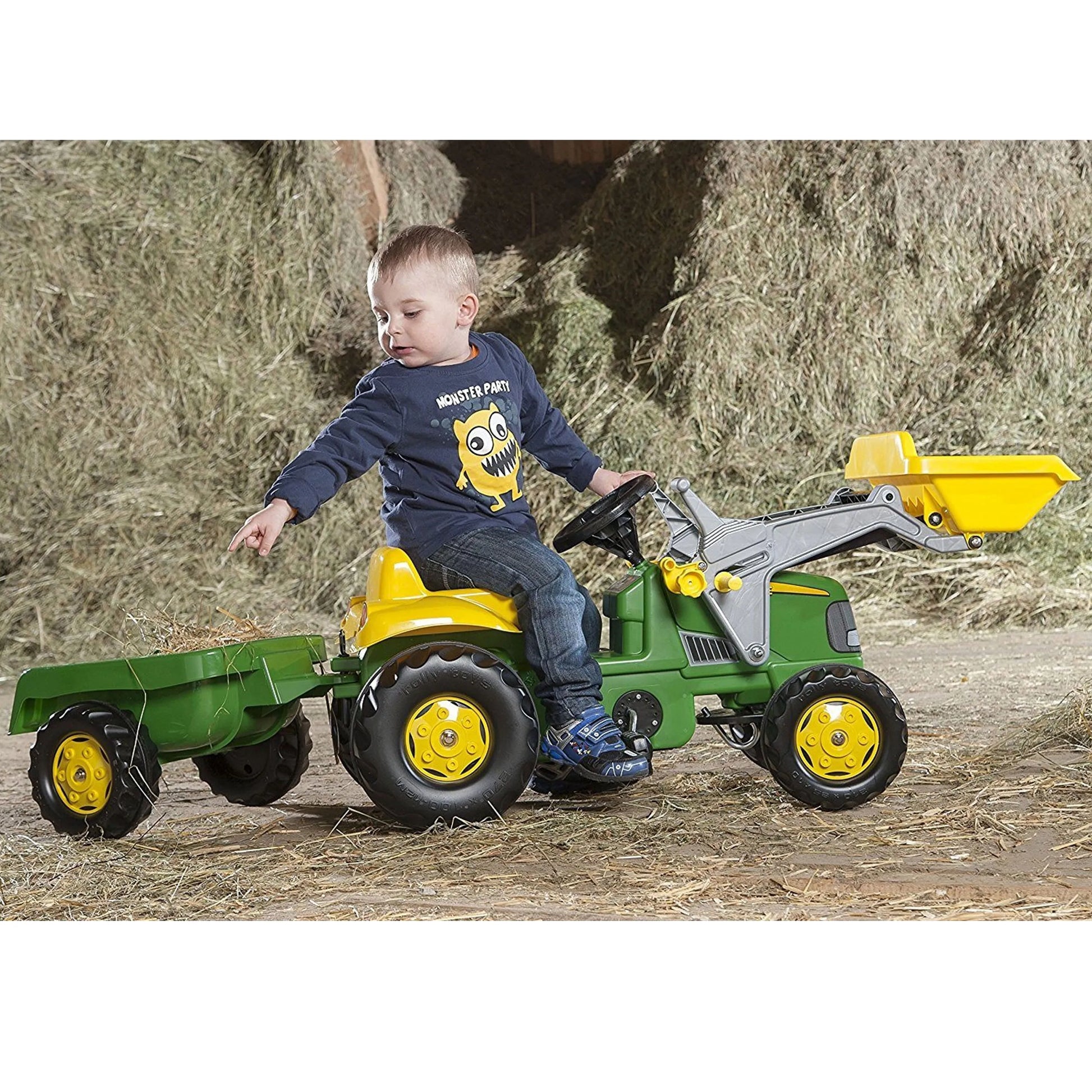 „Rolly Toys“ RollyKid John Deere pedalinis traktorius su kaušu ir priekaba – žalias