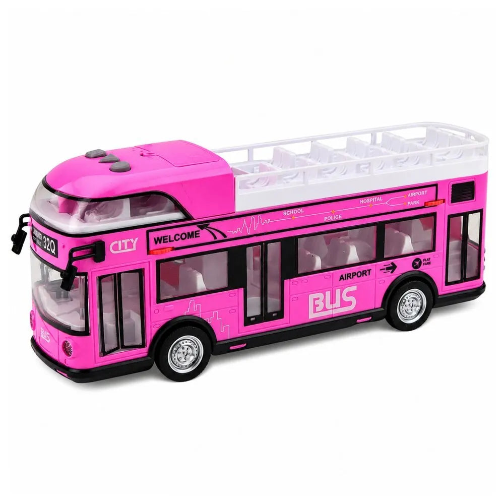 Rožinis dviaukštis miesto autobusas vaikams