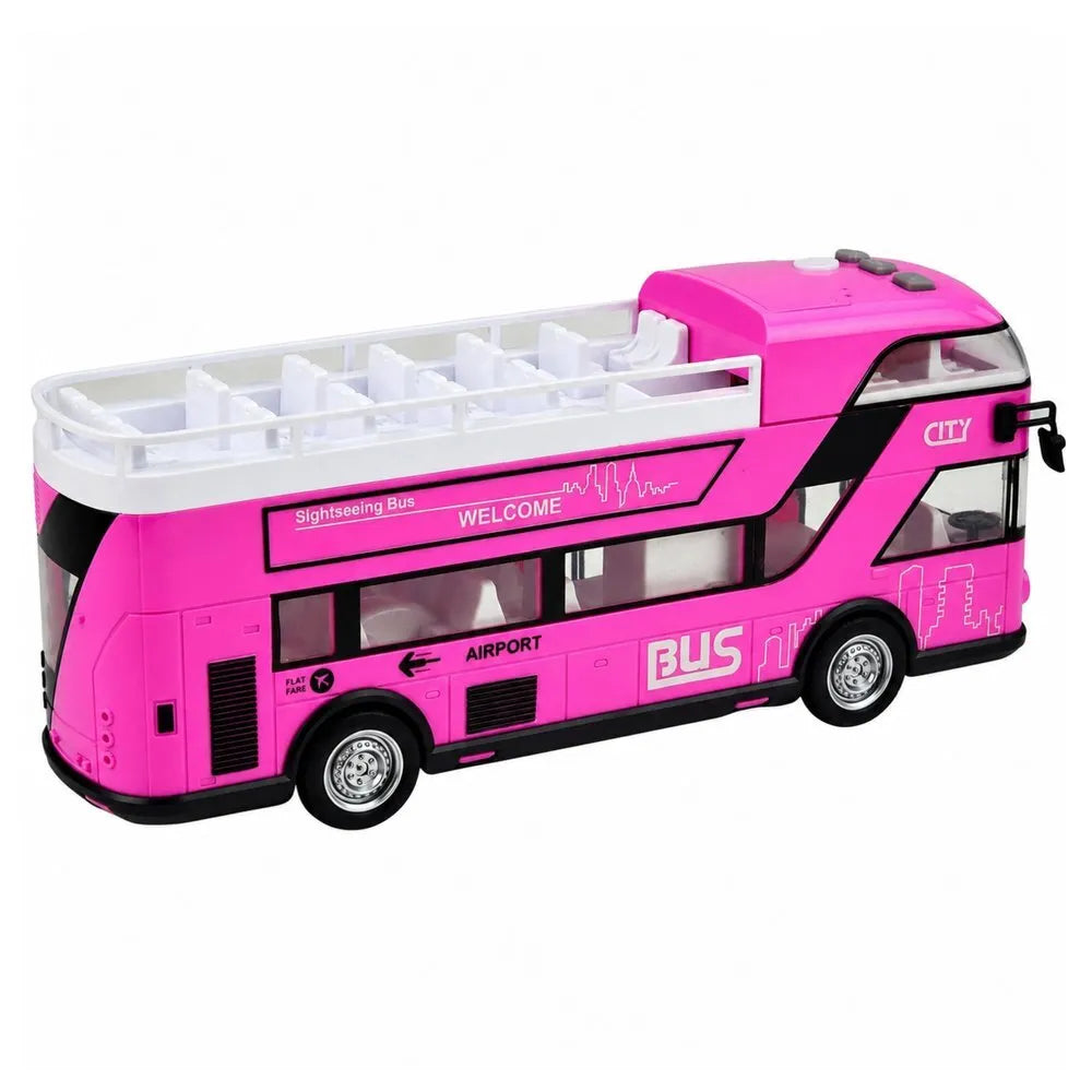 Rožinis dviaukštis miesto autobusas vaikams