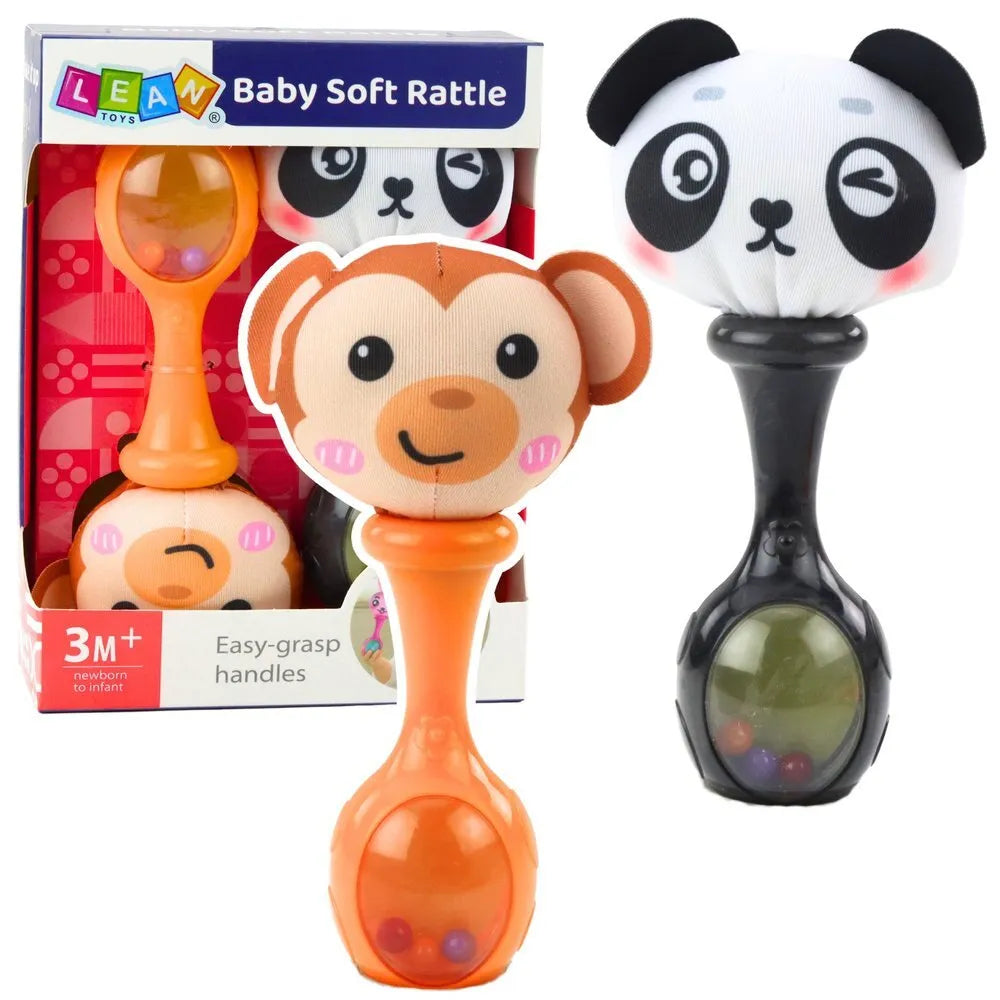 Sensorinių barškučių rinkinys su minkštu kamuoliuku – beždžionėlė ir panda