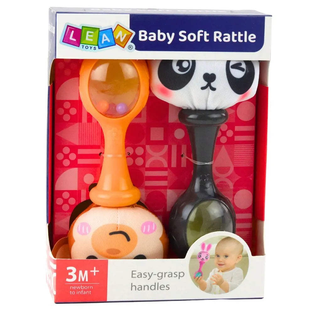 Sensorinių barškučių rinkinys su minkštu kamuoliuku – beždžionėlė ir panda