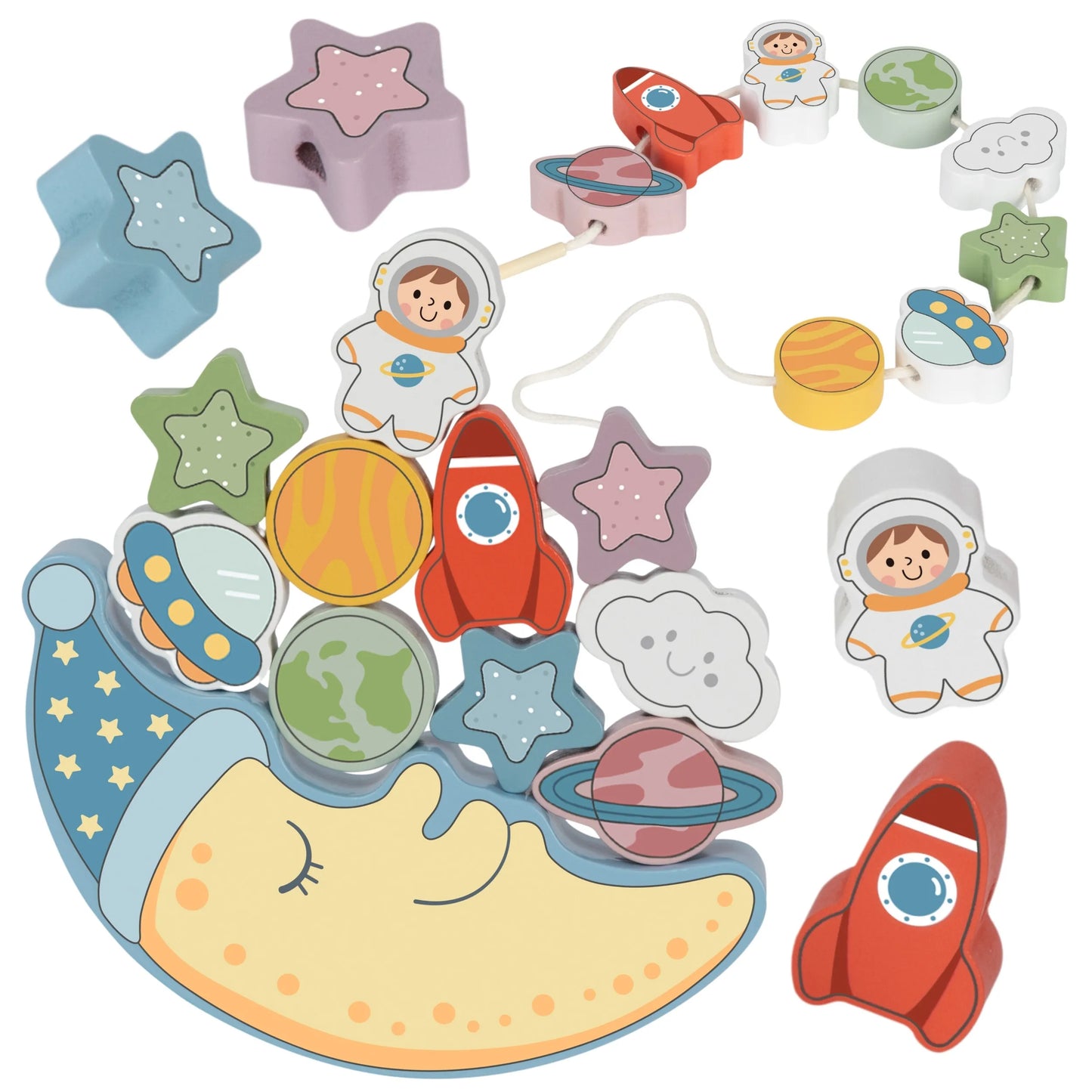 Tooky Toy medinė balansinė ir vėrimo dėlionė „Miegantis mėnulis“ – 12 el.