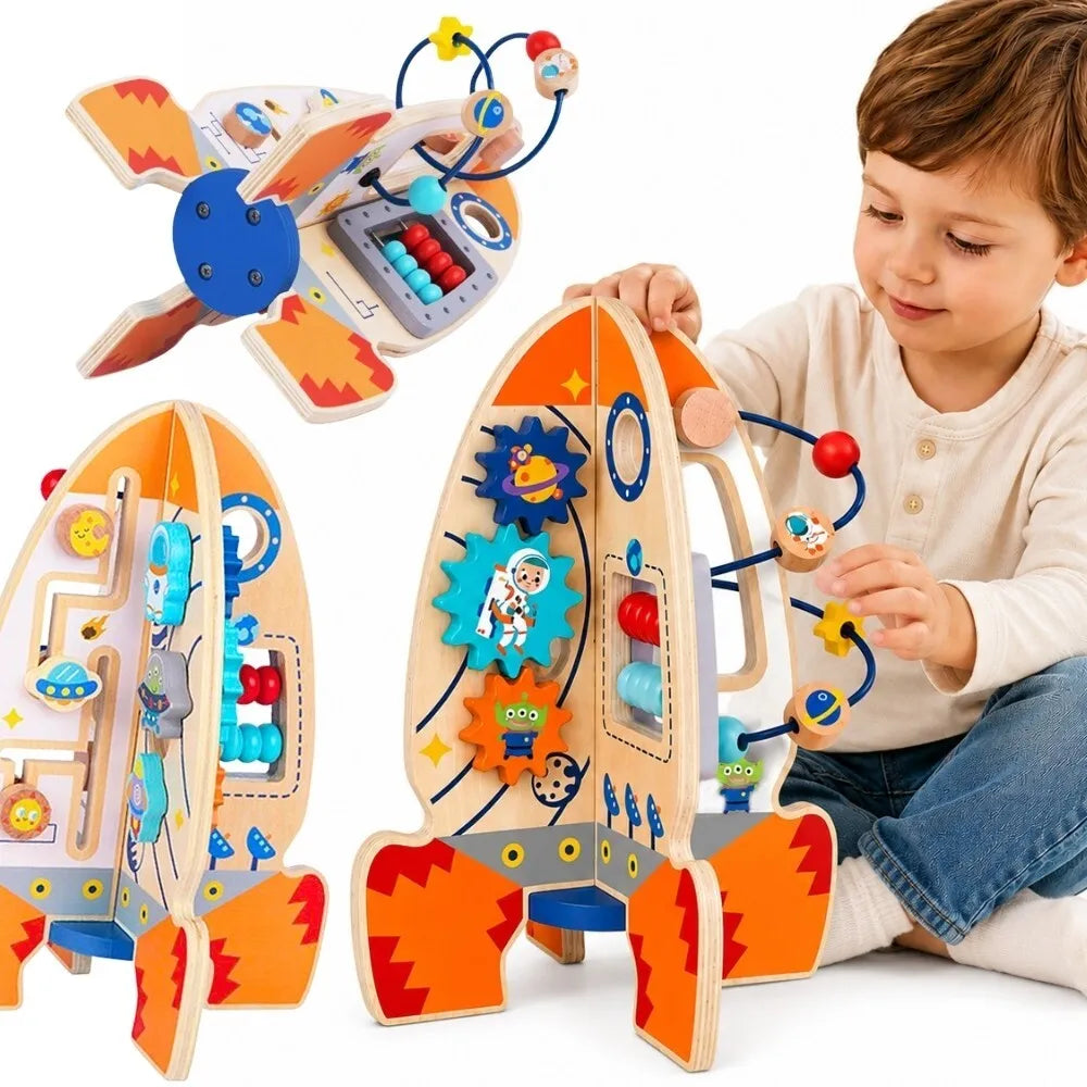 Tooky Toy medinė edukacinė raketa – kosminė 6in1 veiklų stotis