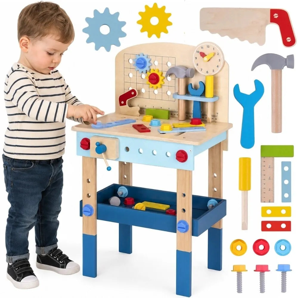 Tooky Toy medinis darbo stalas – 48 dalių meistro dirbtuvės su įrankiais