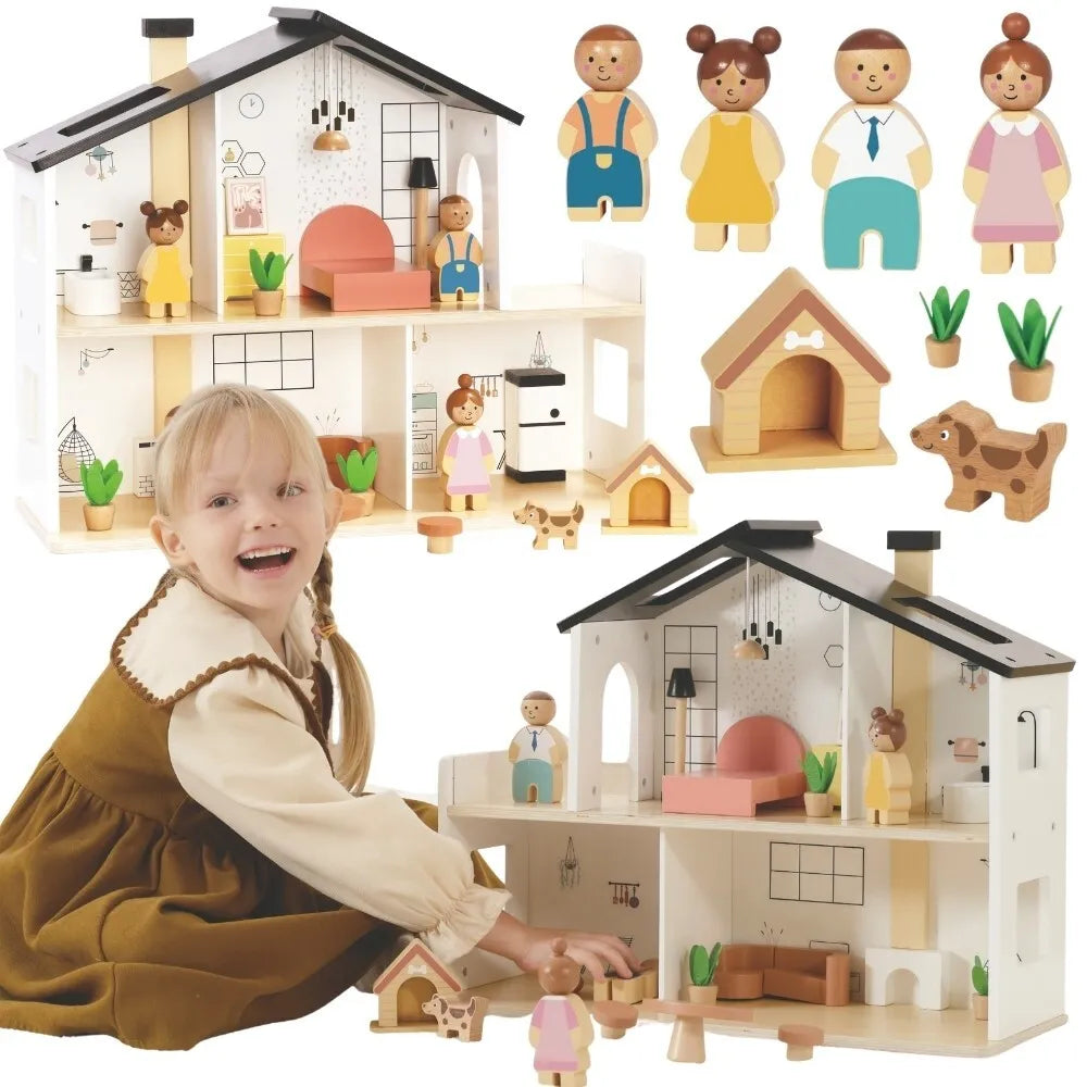 „TOOKY TOY“ medinis lėlių namas su priedais ir šeima