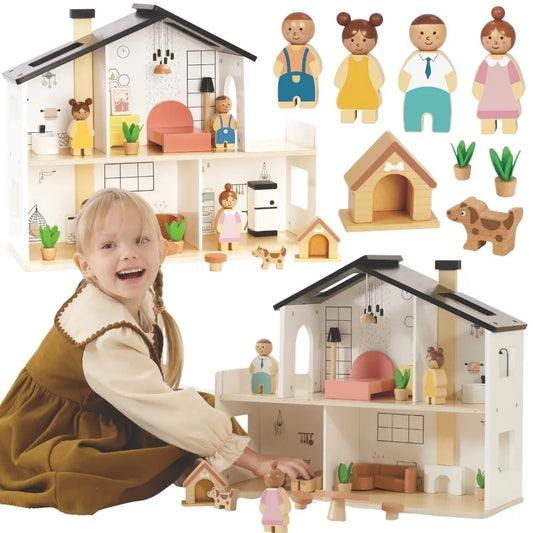 „TOOKY TOY“ medinis lėlių namas su priedais ir šeima