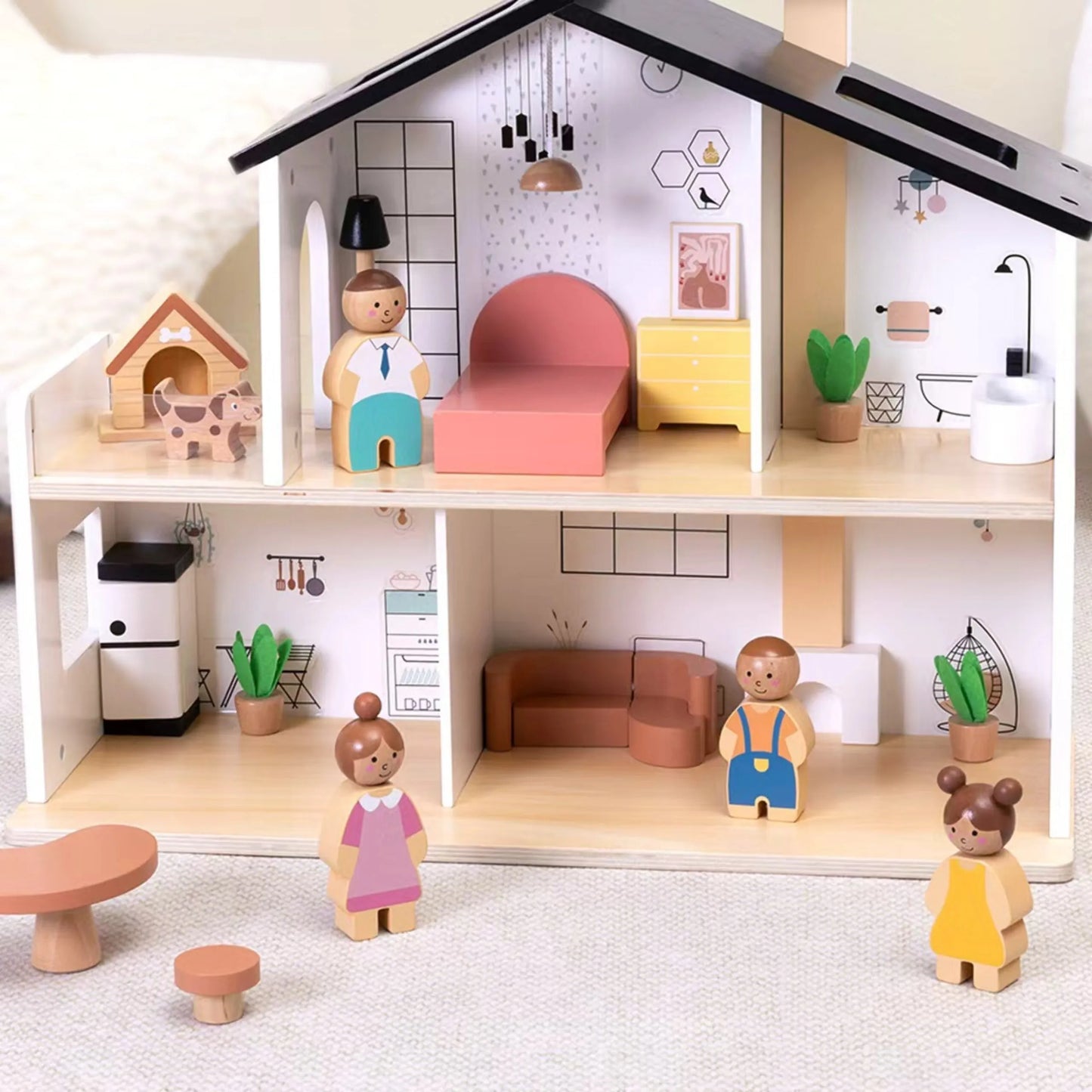 „TOOKY TOY“ medinis lėlių namas su priedais ir šeima