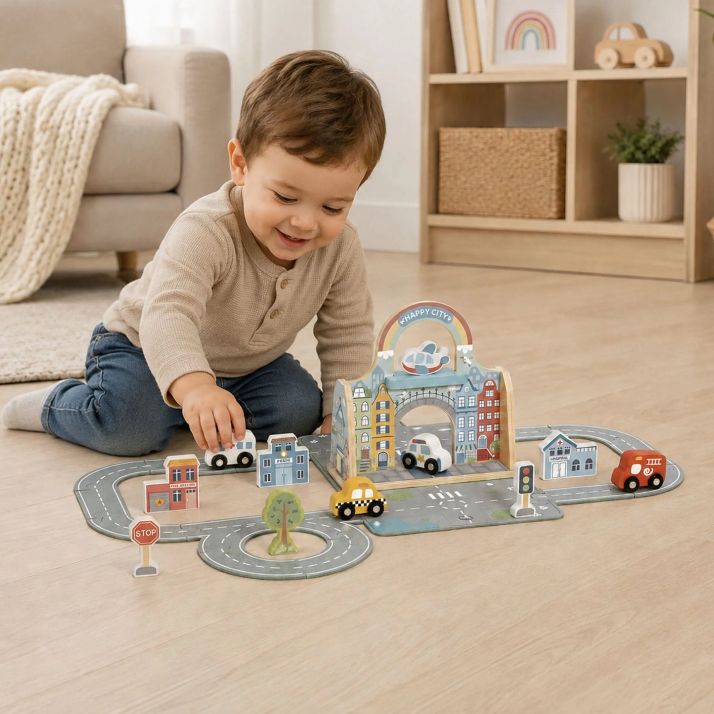 Tooky Toy „Mini Miestas“ pridedama torba – nešiojamas miesto pasaulis mažoms rankoms