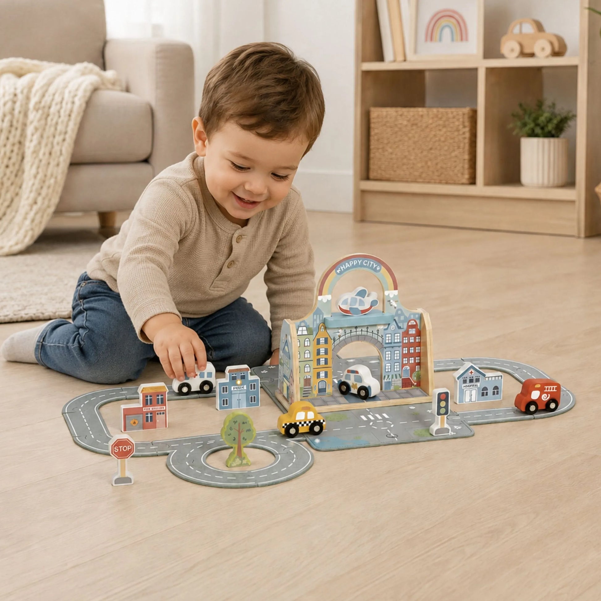 Tooky Toy „Mini Miestas“ pridedama torba – nešiojamas miesto pasaulis mažoms rankoms