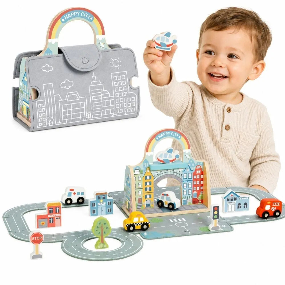 Tooky Toy „Mini Miestas“ pridedama torba – nešiojamas miesto pasaulis mažoms rankoms