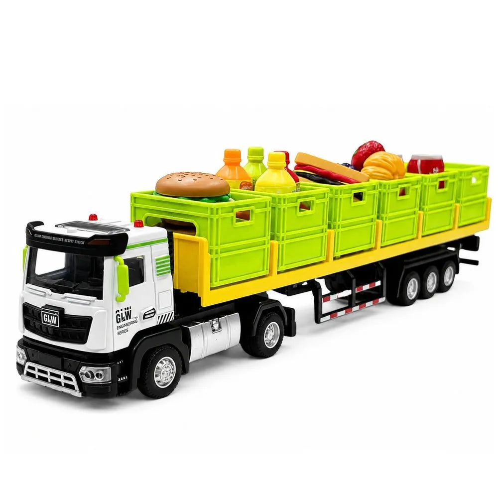 Transporto sunkvežimis su priekaba, dėžėmis, maisto aksesuarais, šviesomis ir garsais