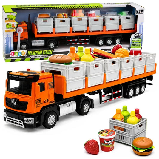 Transporto sunkvežimis su priekaba, dėžėmis, maisto aksesuarais