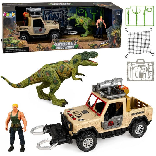 T‑Rex dinozaurų medžiotojo rinkinys su visureigiu, garsais ir aksesuarais