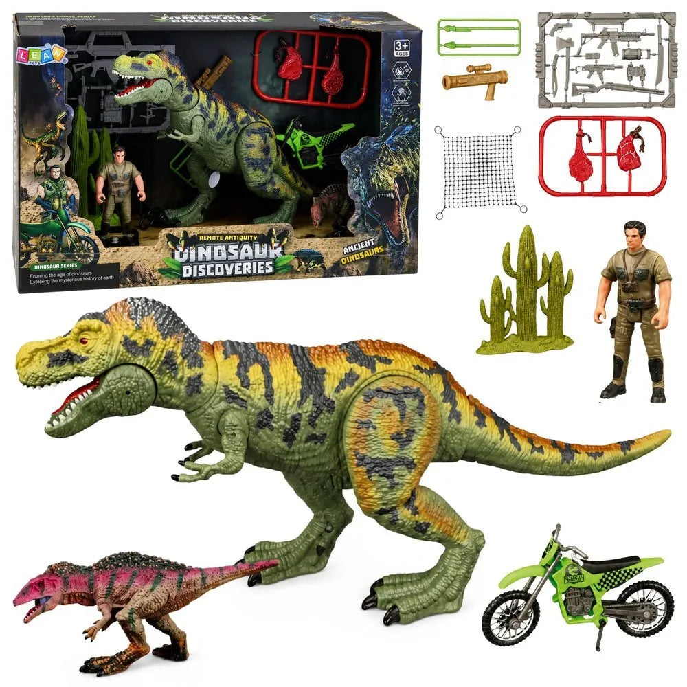 T‑Rex dinozaurų rinkinys: medžiotojas, motociklas, aksesuarai ir garsai