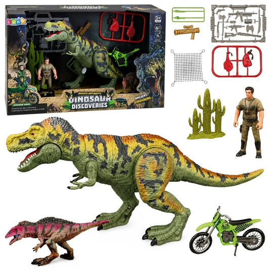 T‑Rex dinozaurų rinkinys: medžiotojas, motociklas, aksesuarai ir garsai