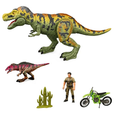 T‑Rex dinozaurų rinkinys: medžiotojas, motociklas, aksesuarai ir garsai