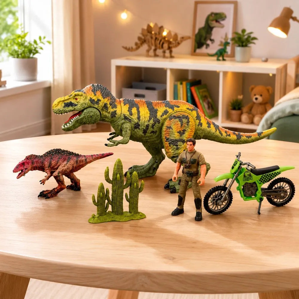 T‑Rex dinozaurų rinkinys: medžiotojas, motociklas, aksesuarai ir garsai