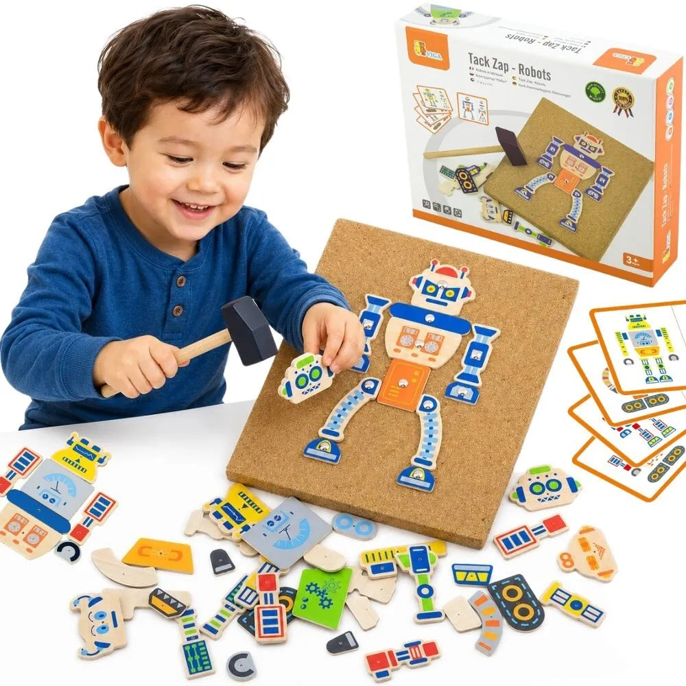 Viga kūrybinis kalimo rinkinys „Robotai“ – su kamštine lenta ir plaktuku