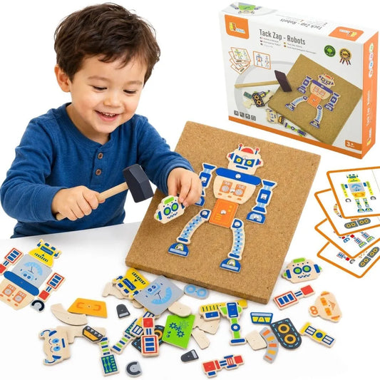 Viga kūrybinis kalimo rinkinys „Robotai“ – su kamštine lenta ir plaktuku
