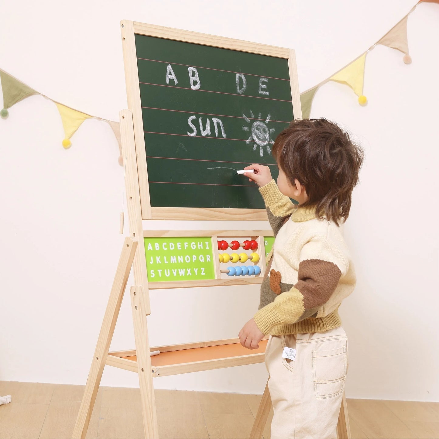 Viga medinė edukacinė 2in1 lenta su skaitliuku, abėcėle ir laikrodžiu