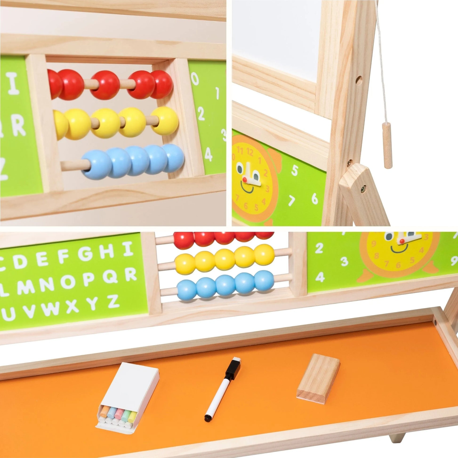 Viga medinė edukacinė 2in1 lenta su skaitliuku, abėcėle ir laikrodžiu