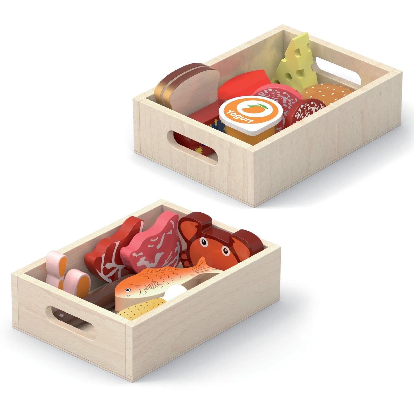 Viga medinis maisto produktų rinkinys – 2 dėžutės, pusryčiai + mėsa ir žuvis