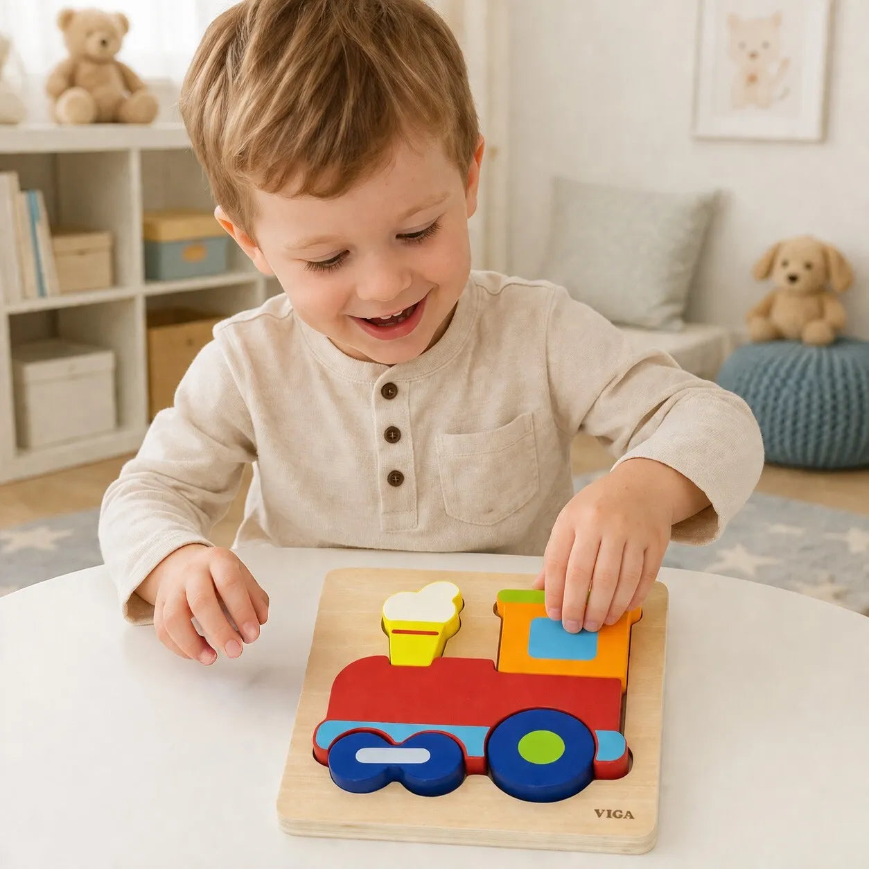 VIGA medinis Montessori edukacinis dėlionės traukinys