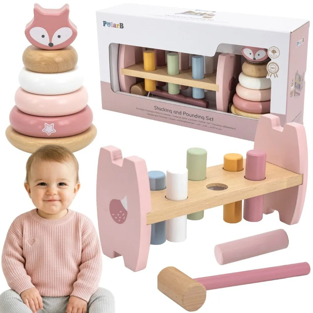 VIGA PolarB medinė piramidė + kaladėlių kalimo žaidimas 2in1
