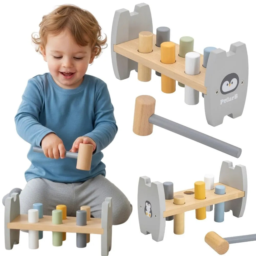 „VIGA PolarB“ medinis pingvino kalimo žaislas – Montessori plaktuko žaidimas