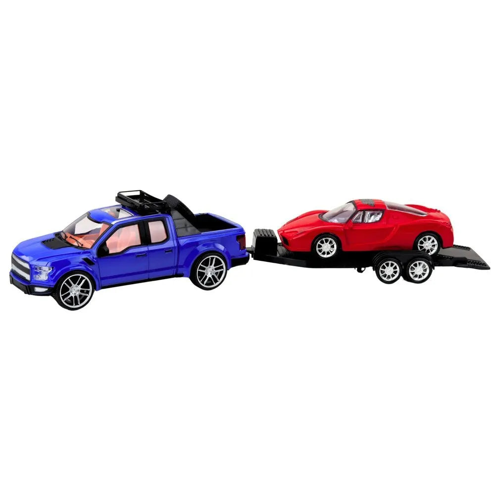Visureigis su tralu ir sportiniu automobiliu