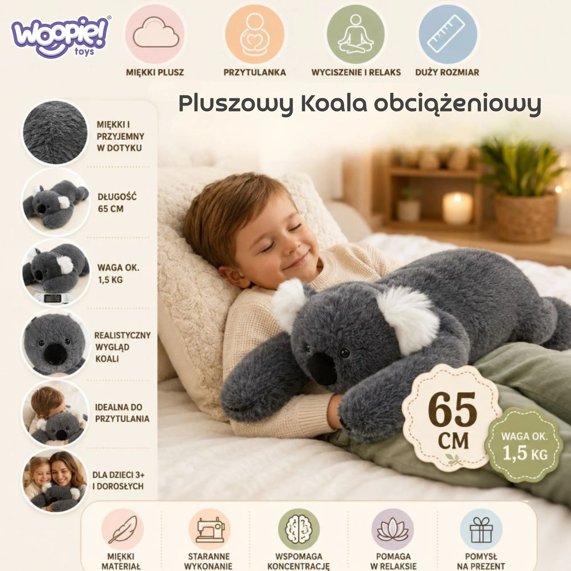 Woopie 1,5 kg sensorinė svorinė koala, 65 cm,