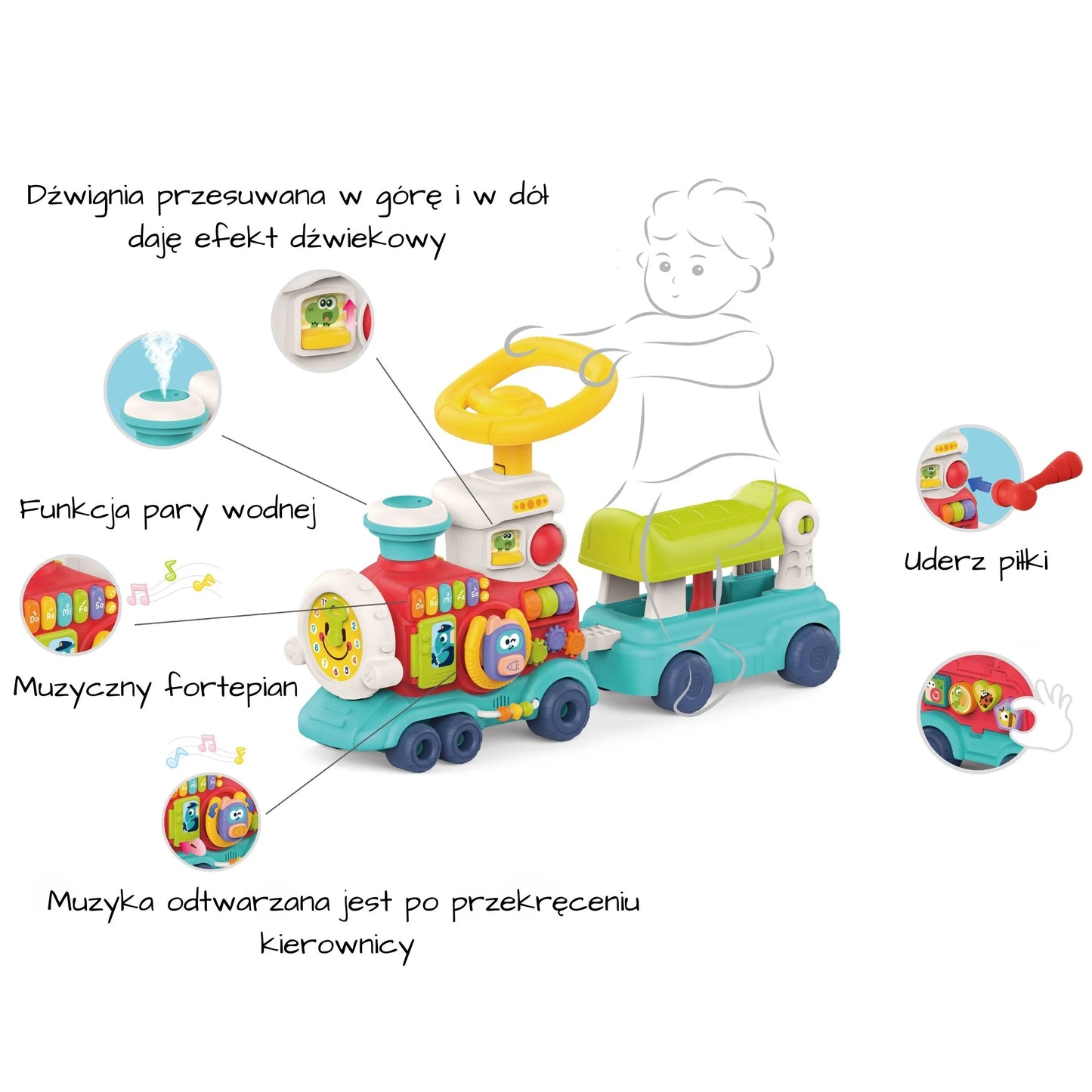 WOOPIE BABY 2-in-1 interaktyvi lokomotyvė – stumdukas ir paspiriama transporto priemonė