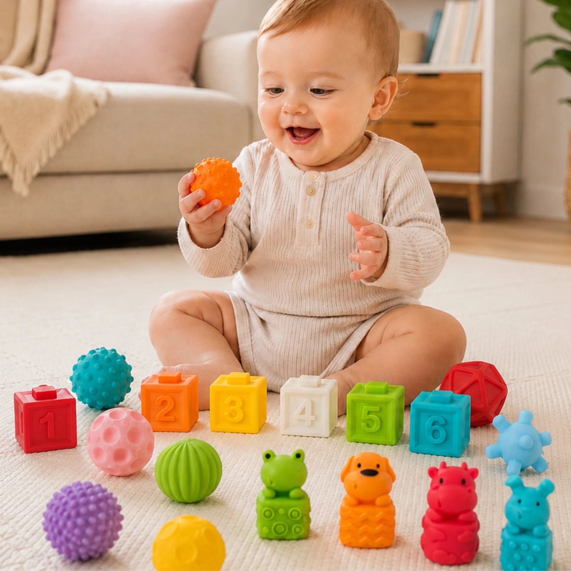 Woopie Baby 20 dalių minkštų sensorinių kaladėlių rinkinys