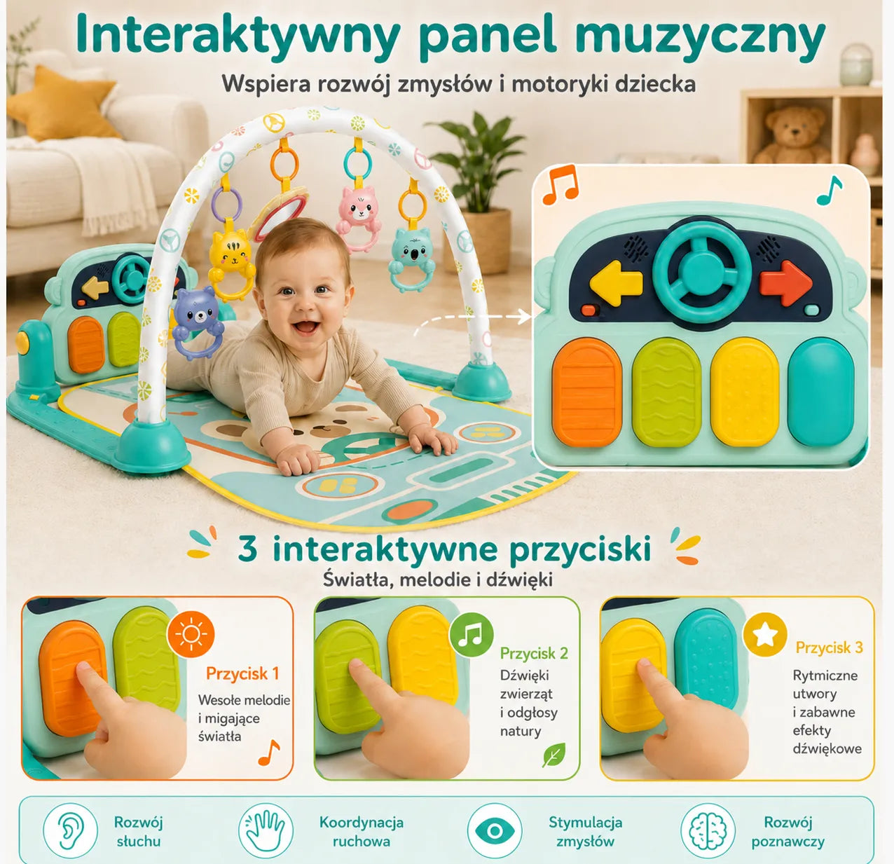 Woopie Baby edukacinis kilimėlis su pianinu, žaislų arka, barškutėmis ir veidrodėliu